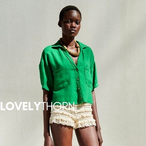 Zara Tops - ZARA // kelly green chest pockets button down linen relaxed fit blouse
